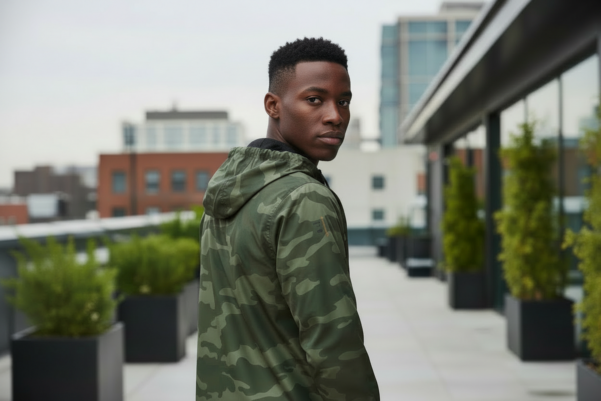 Vue arrière d’un mannequin portant une veste coupe-vent camouflage PZ Prestige