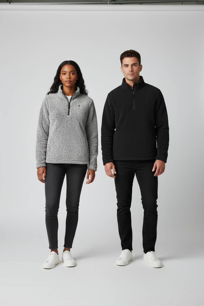 Homme et femme portant les polaires sherpa grise et noire PZ Prestige