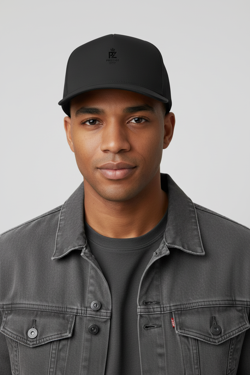 Casquette trucker noire PZ Prestige portée par un mannequin