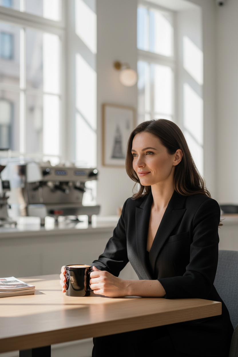Femme tenant le Mug Panoramique Noir Onyx & Or PZ Prestige