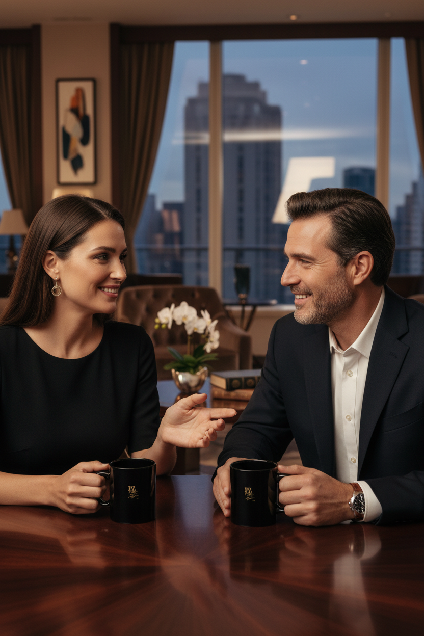 Duo homme et femme avec le Mug Panoramique Noir Onyx & Or PZ Prestige