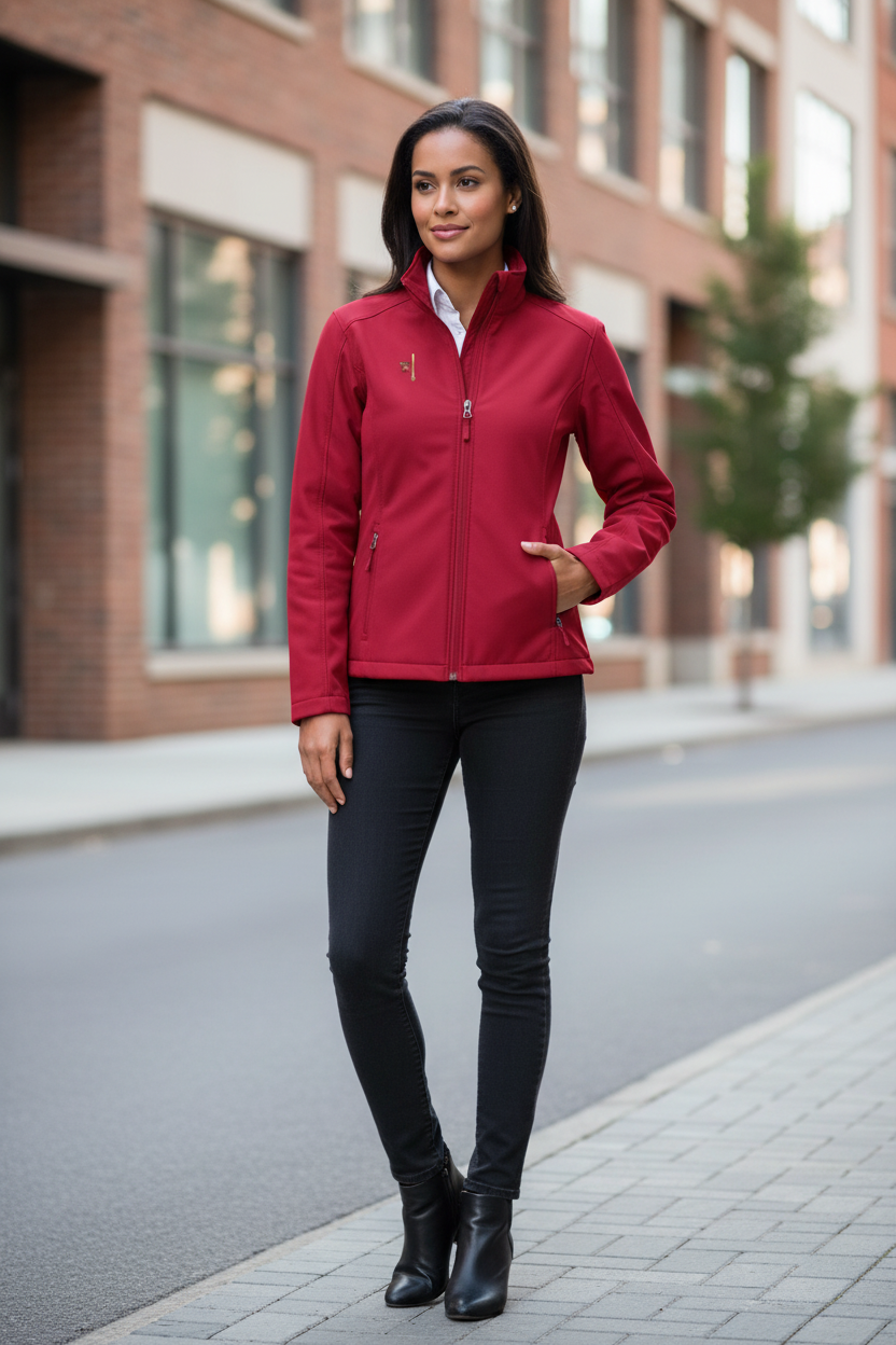 Veste PZ Prestige rouge profond portée par un mannequin femme en extérieur