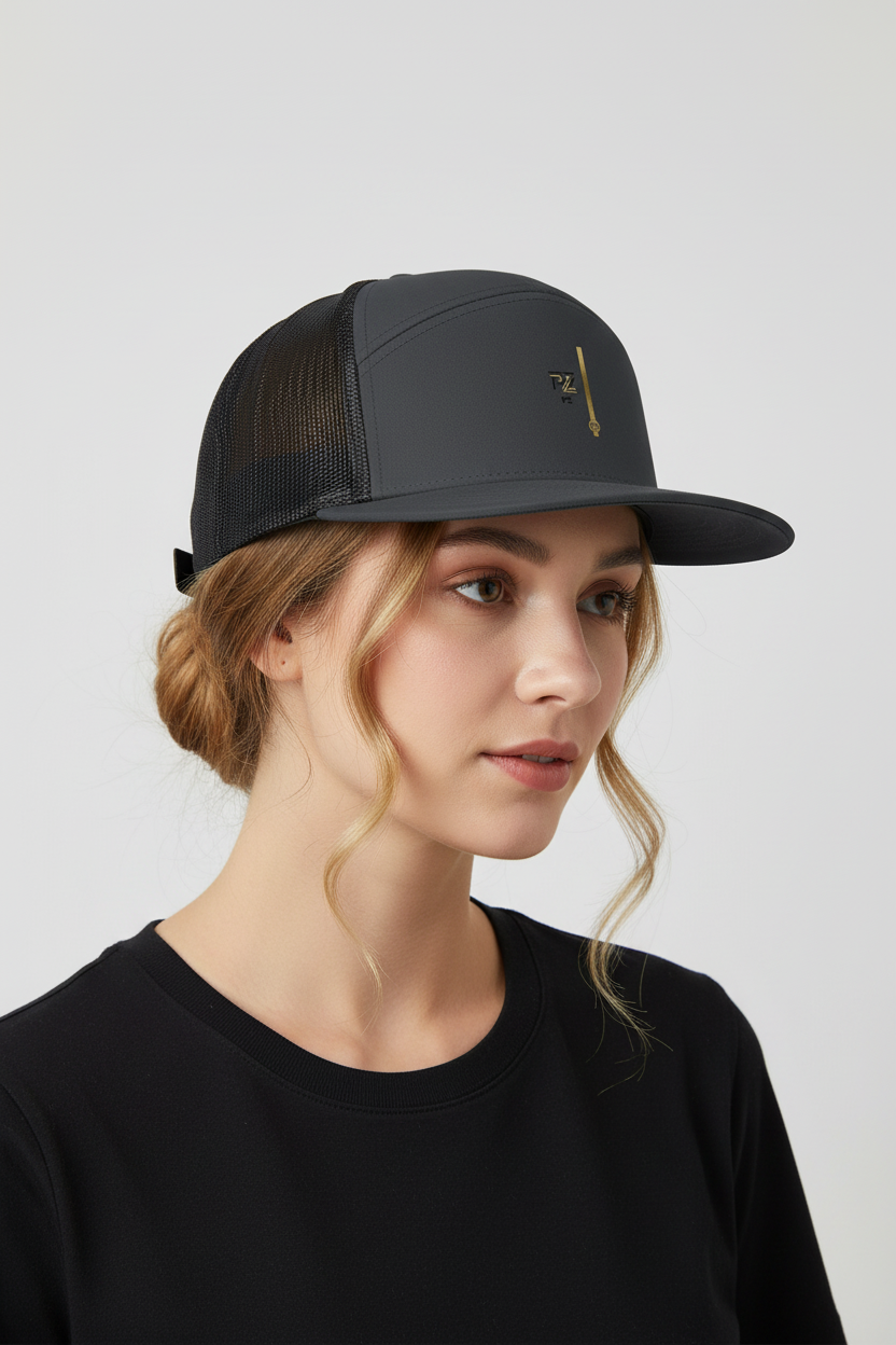 Casquette trucker charbon et noir PZ Prestige portée par une mannequin
