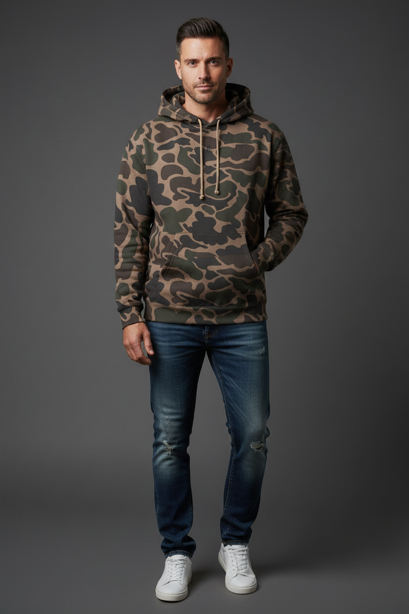 Sweat à capuche camouflage PZ Prestige porté par un mannequin homme