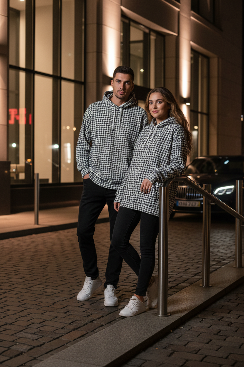 Duo portant le sweat pied-de-poule PZ Prestige