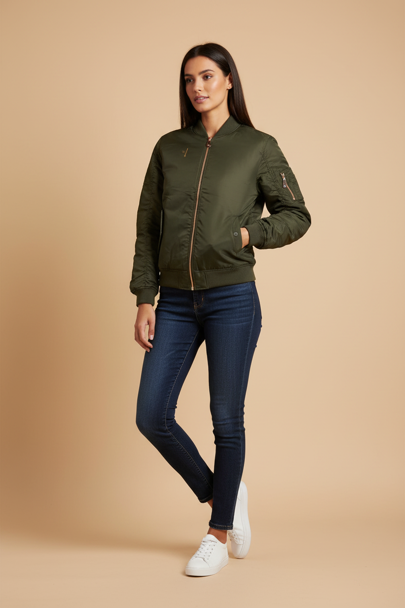 Mannequin femme portant le bomber olive PZ Prestige