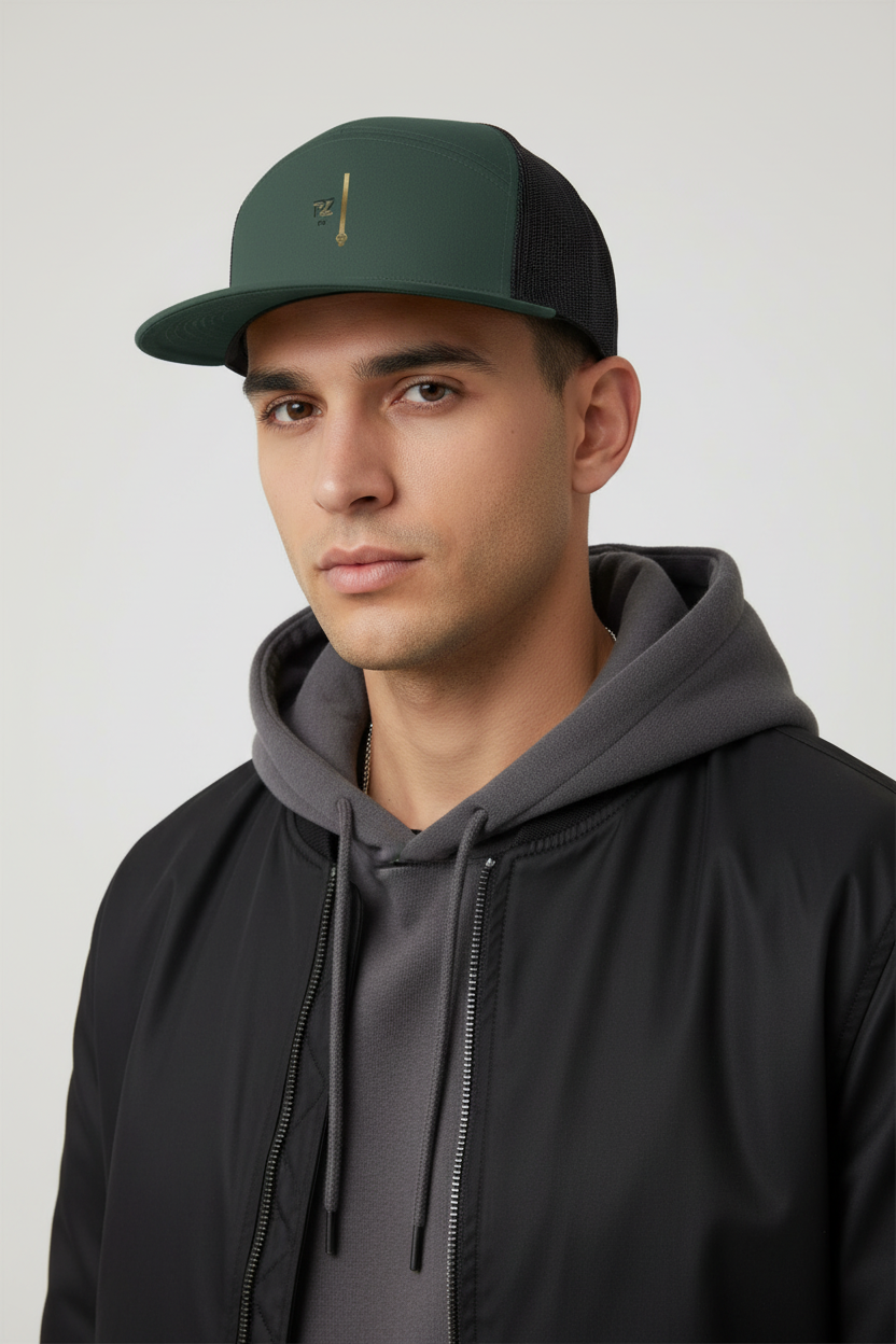 Casquette trucker vert foncé et noir PZ Prestige portée par un mannequin