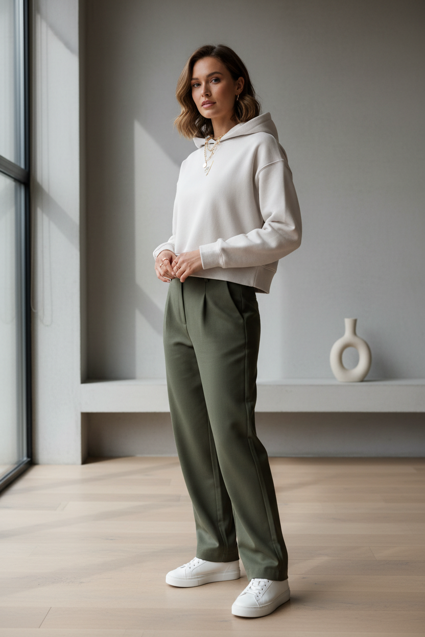 Sweat à capuche court femme PZ Prestige porté par une mannequin en intérieur