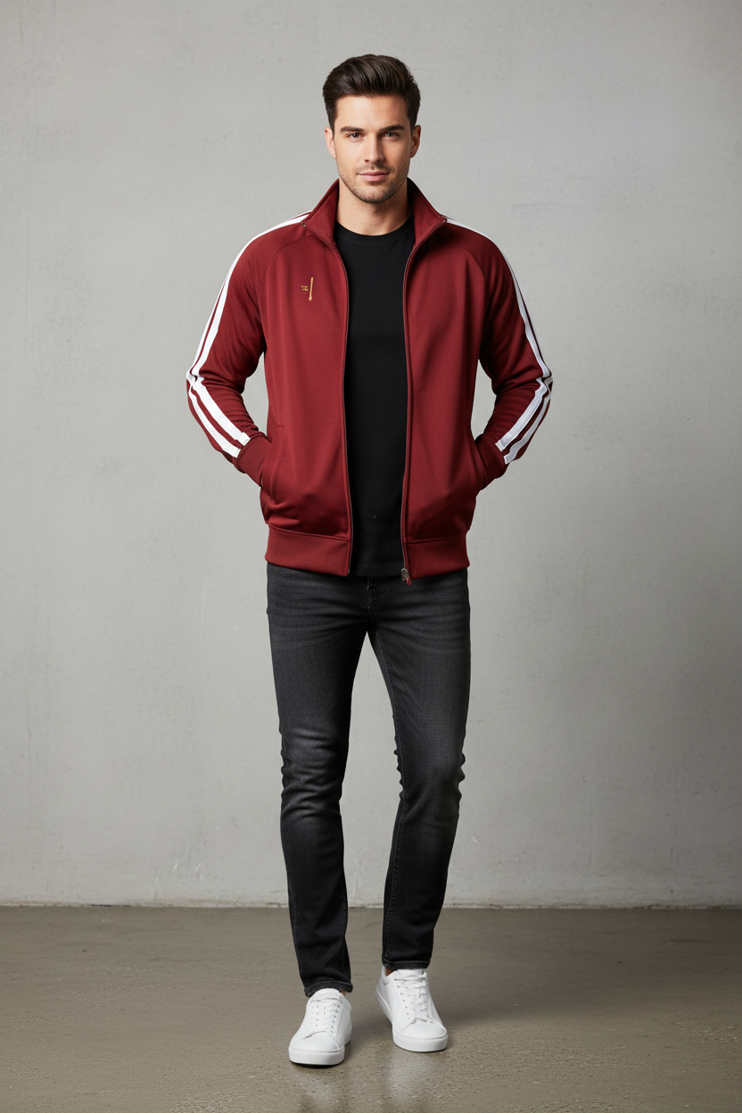 Veste de survêtement rouge brique PZ Prestige portée par un homme