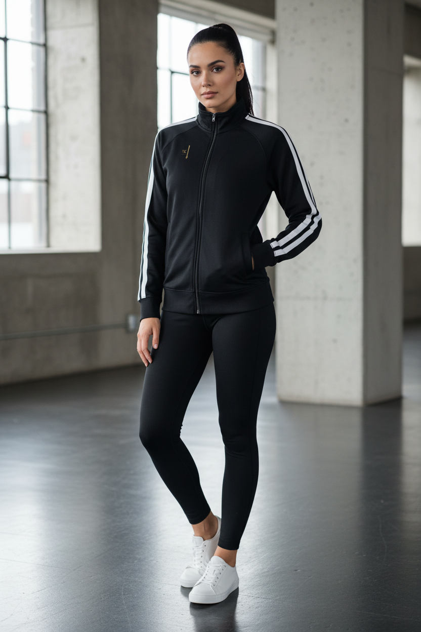 Veste de survêtement noire PZ Prestige portée par une femme