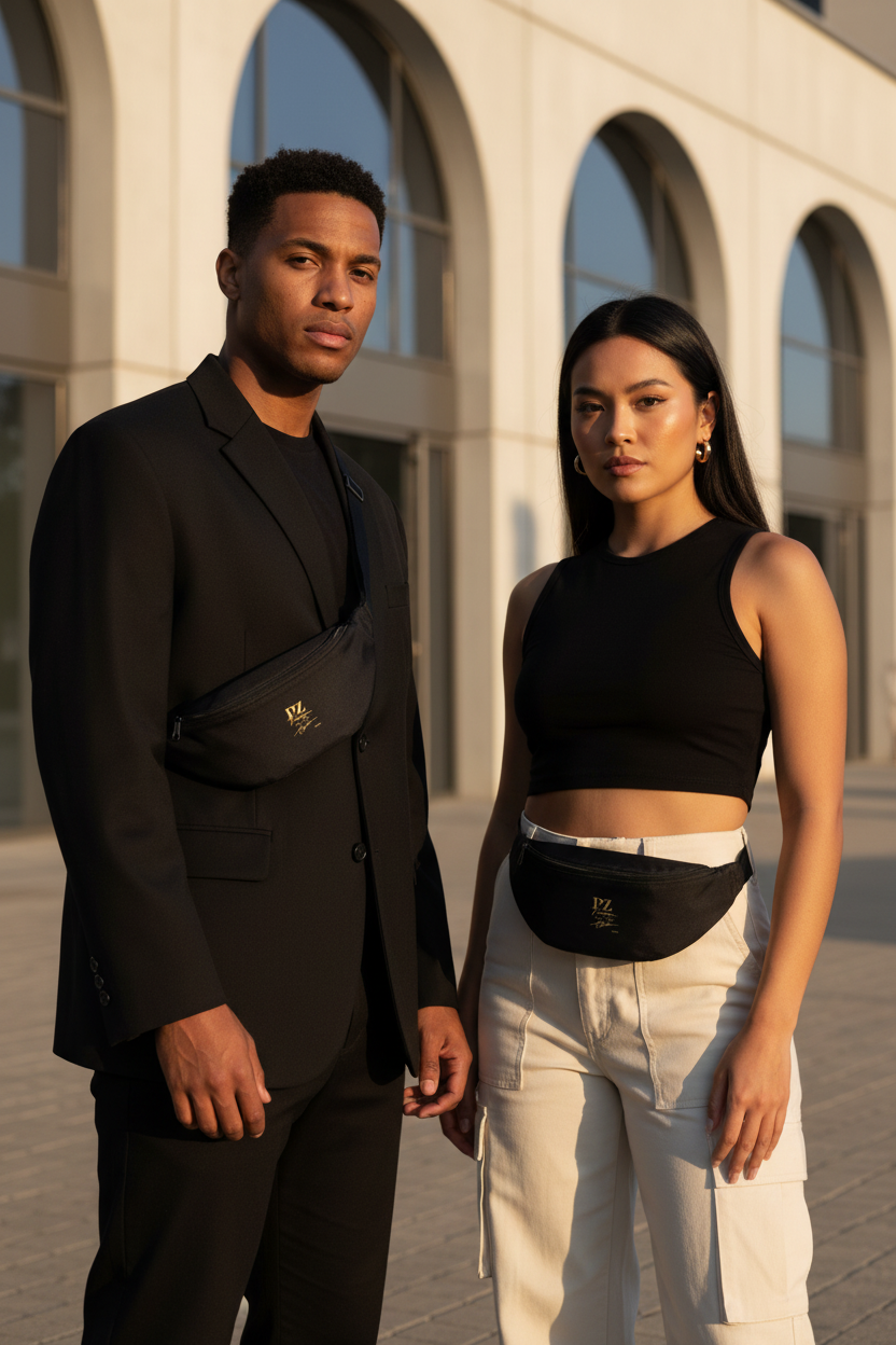 Duo homme et femme portant le Sac Banane Signature Noir & Or PZ Prestige
