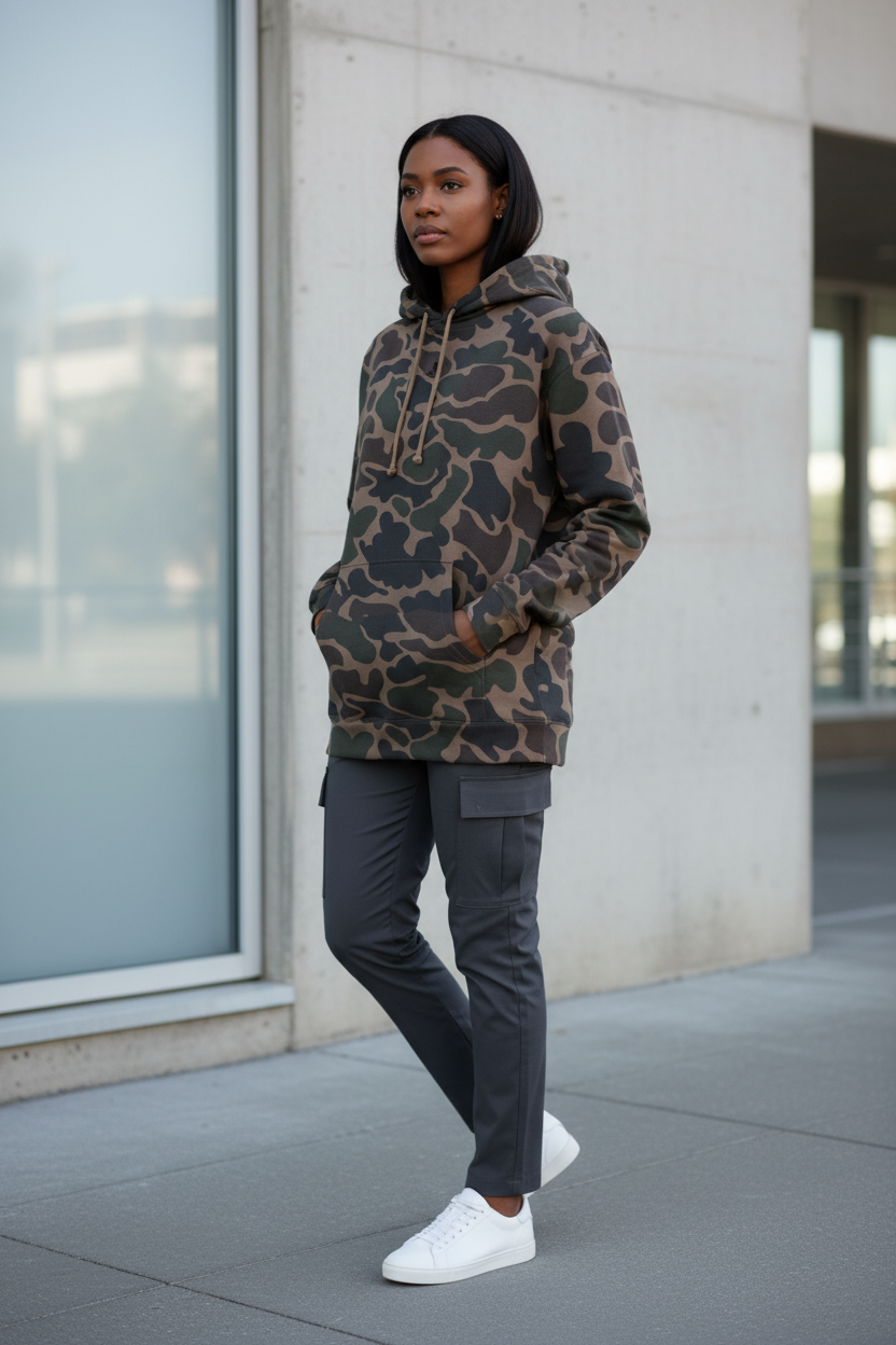 Sweat à capuche camouflage PZ Prestige porté par une mannequin femme