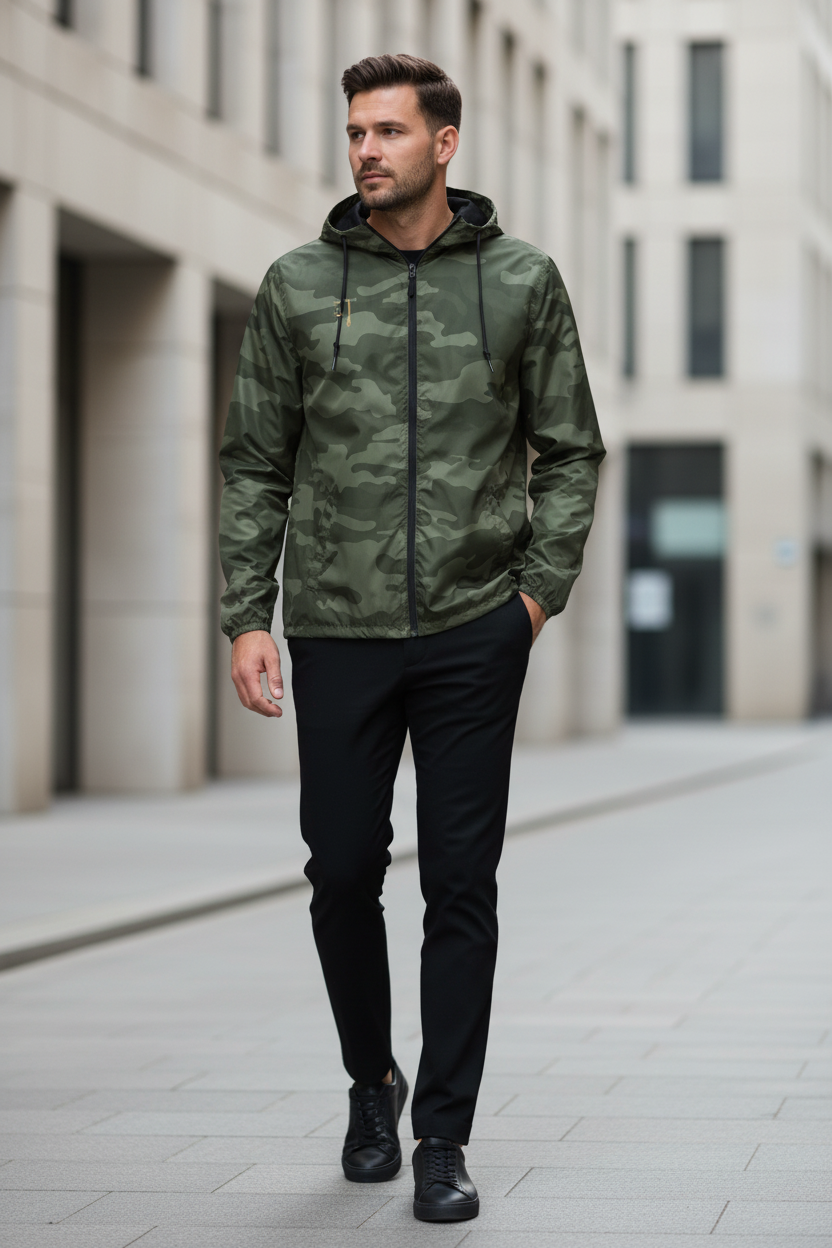 Mannequin portant une veste coupe-vent camouflage PZ Prestige dans un décor urbain