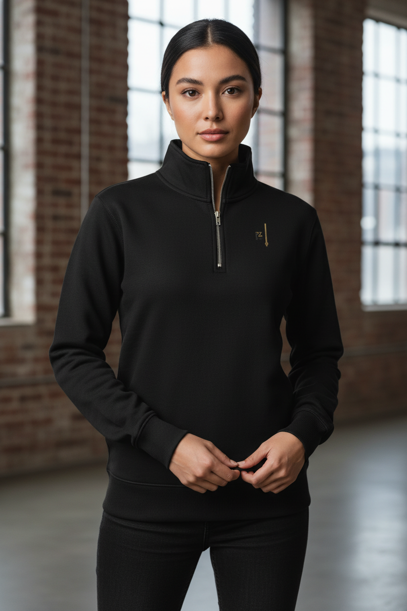 Pull col montant zippé noir PZ Prestige porté par une femme