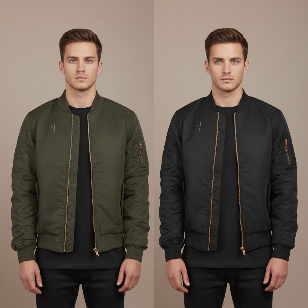 Deux hommes portant les vestes bomber PZ Prestige en olive et noir