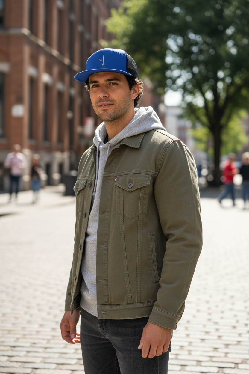 Casquette trucker bleu royal et noir PZ Prestige portée par un mannequin
