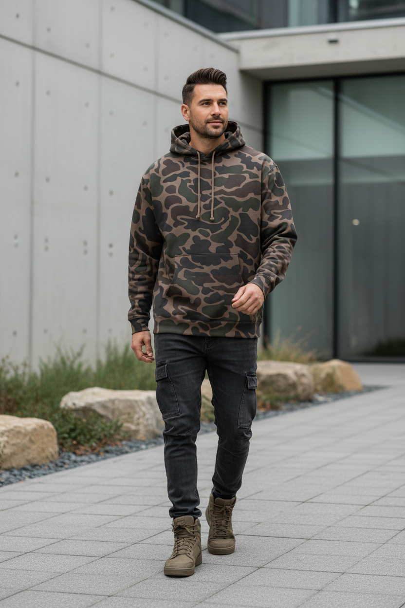 Sweat à capuche camouflage PZ Prestige porté par un mannequin en extérieur