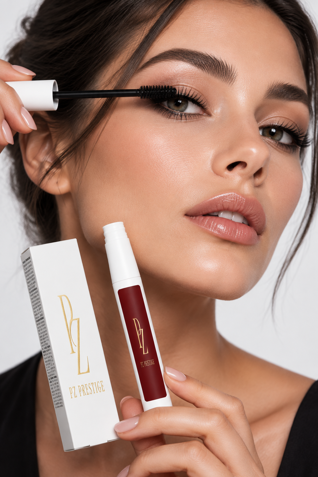Mannequin appliquant le mascara PZ Prestige