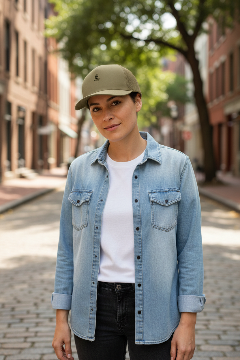 Casquette trucker kaki PZ Prestige portée par un mannequin