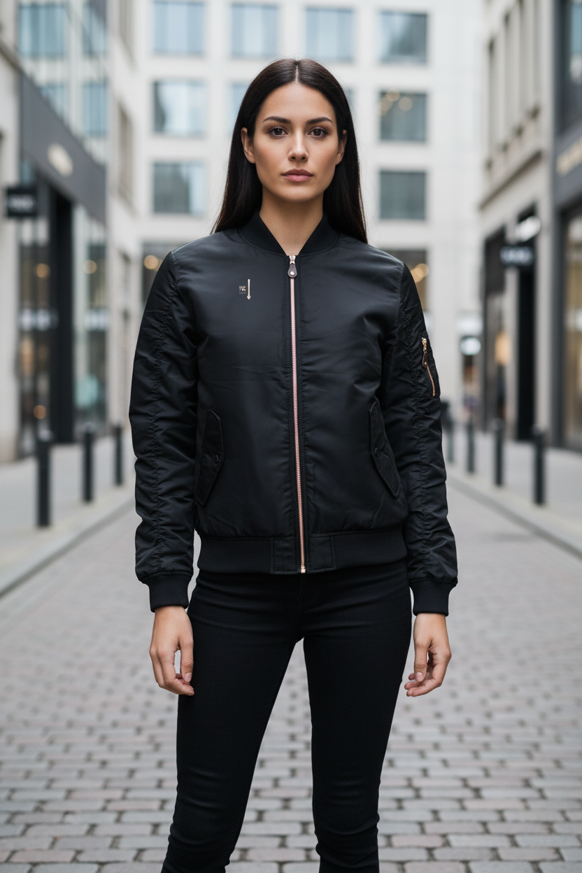 Mannequin femme portant le bomber noir PZ Prestige