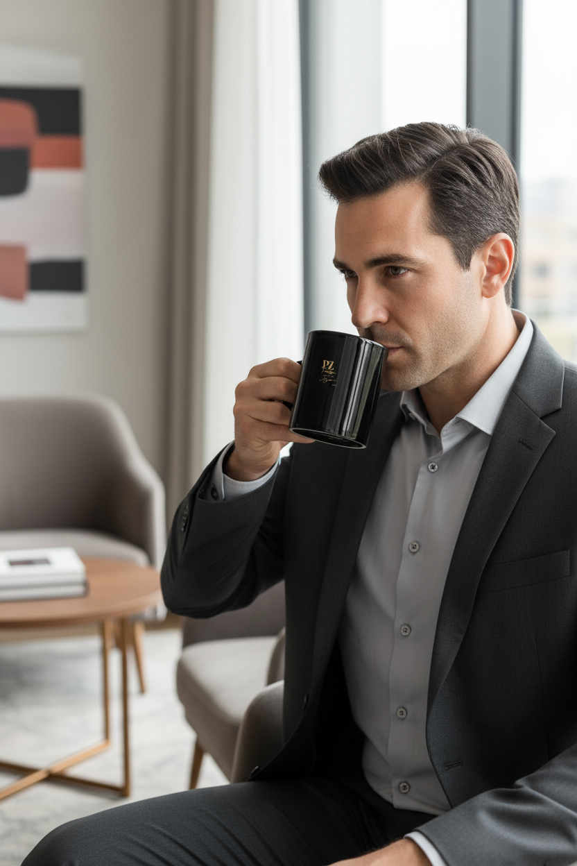 Homme tenant le Mug Panoramique Noir Onyx & Or PZ Prestige