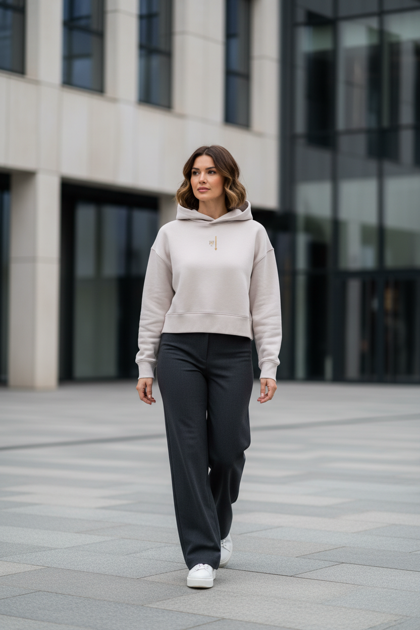 Sweat à capuche court femme PZ Prestige porté par une mannequin en extérieur