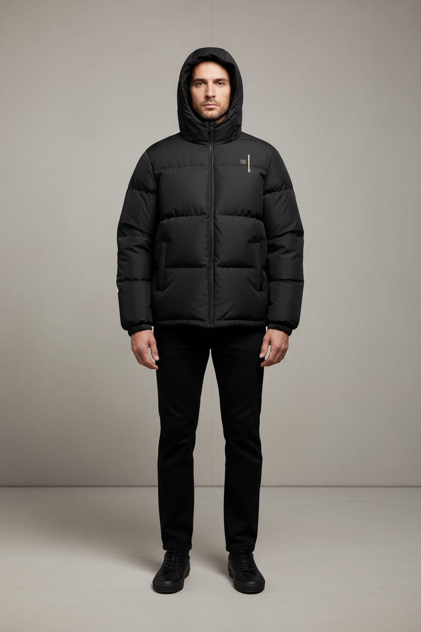 Mannequin homme portant la doudoune noire Prestige Premium avec son logo