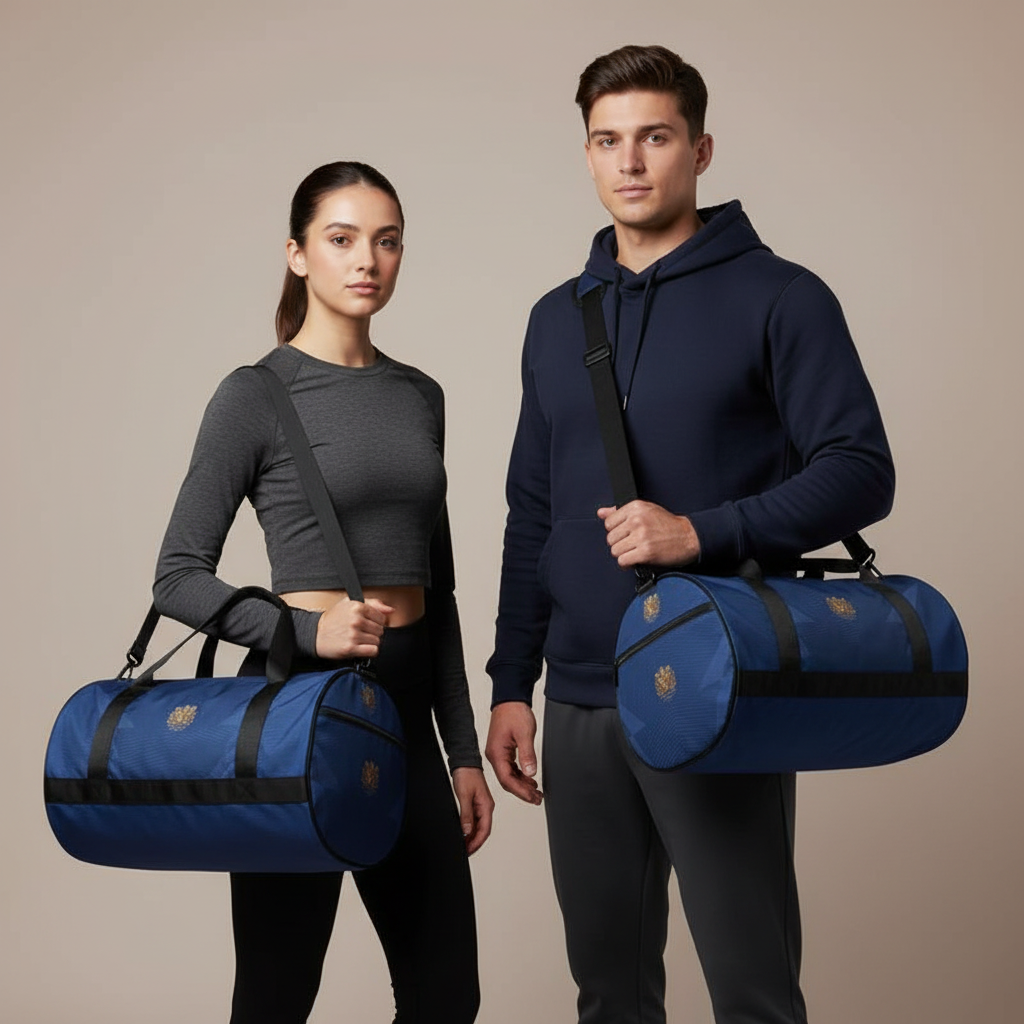 Un homme et une femme portant le vrai sac de sport DZ Algeria bleu avec son emblème doré