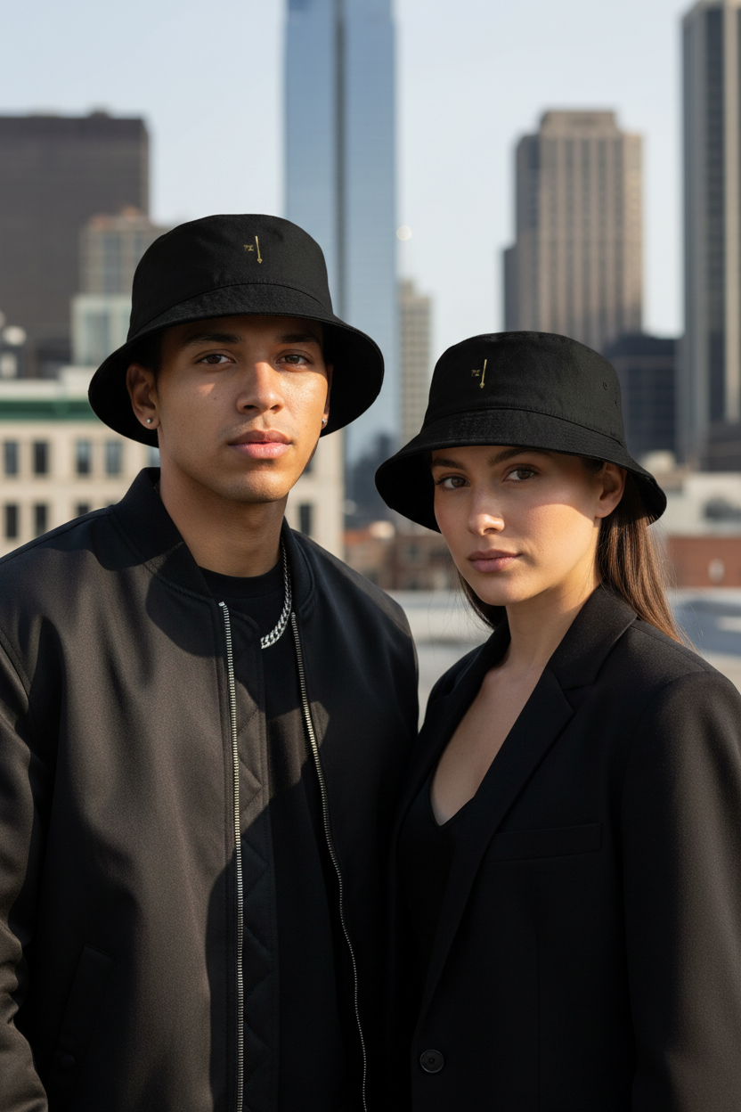 Duo homme et femme portant le Bob Signature Noir & Or PZ Prestige