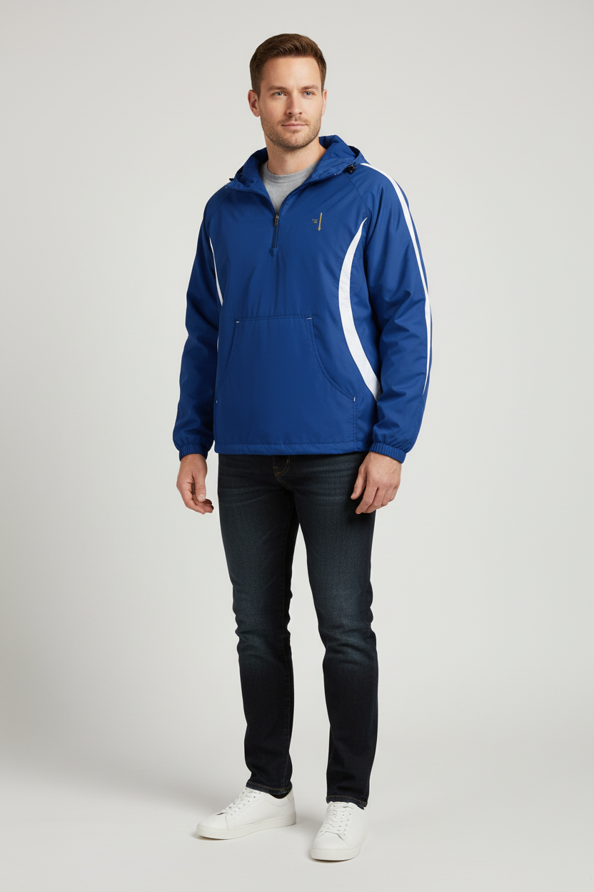 Anorak PZ Prestige bleu royal et blanc porté par un mannequin homme