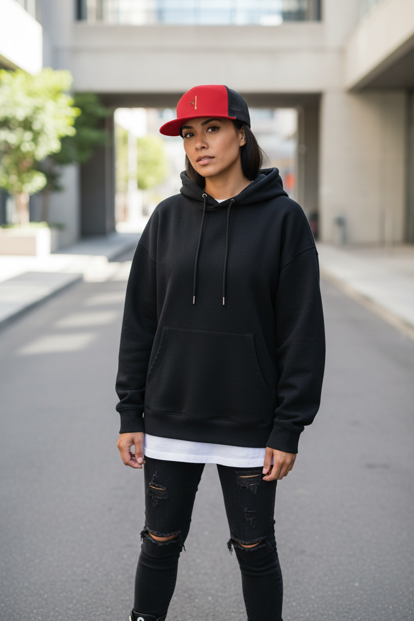 Casquette trucker rouge et noir PZ Prestige portée par une mannequin