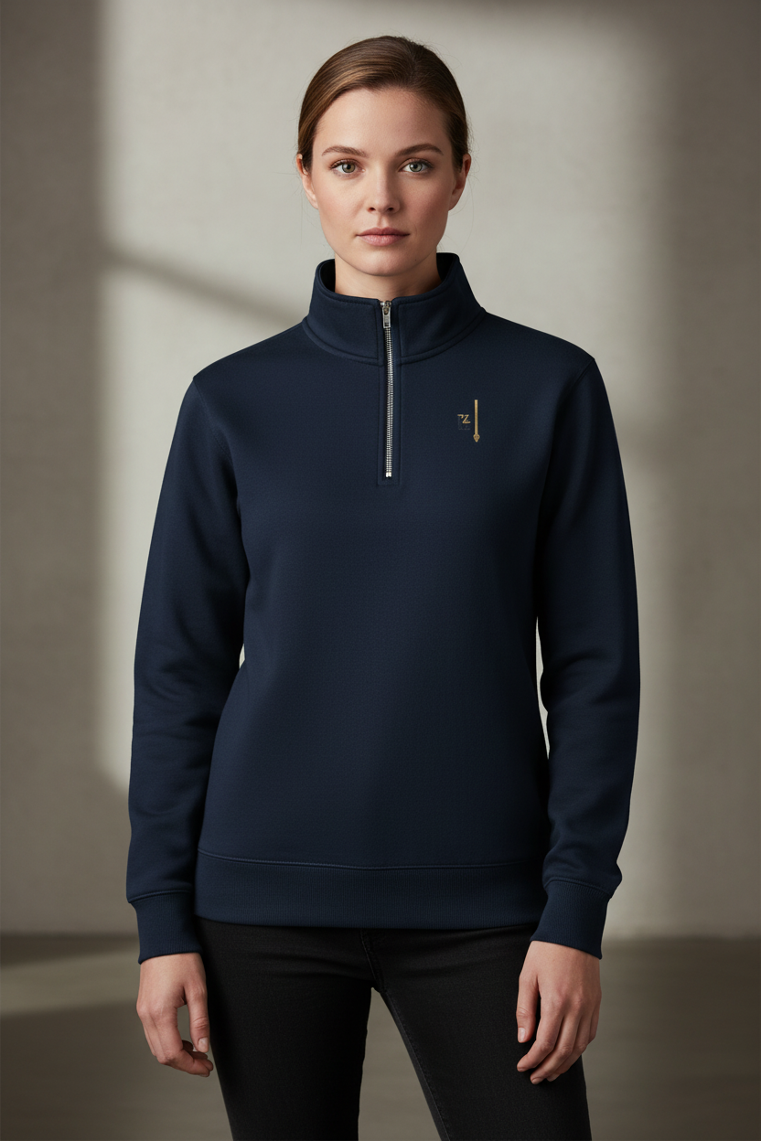 Pull col montant zippé bleu marine PZ Prestige porté par une femme