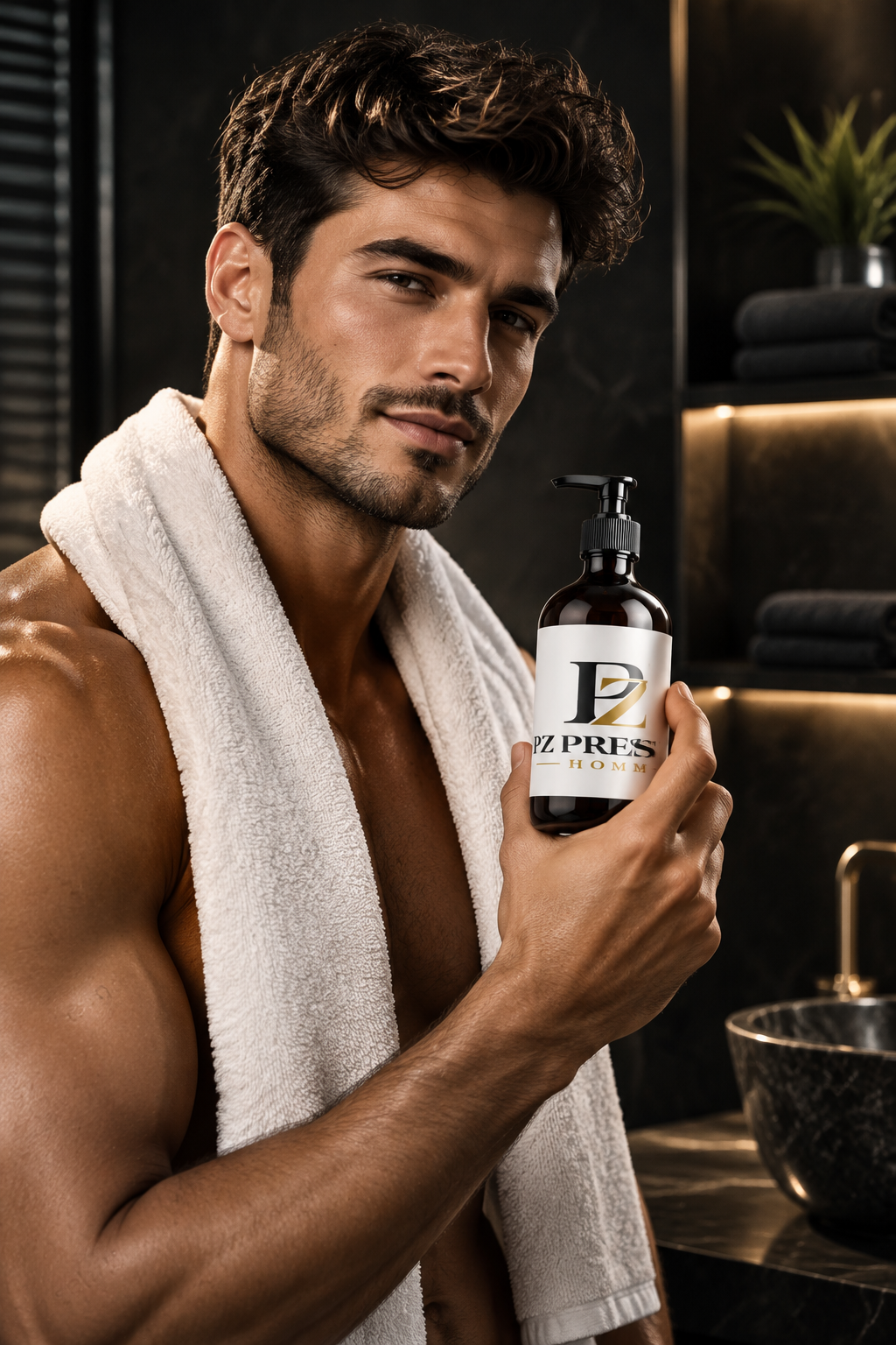 Mannequin homme tenant le gel douche PZ Prestige