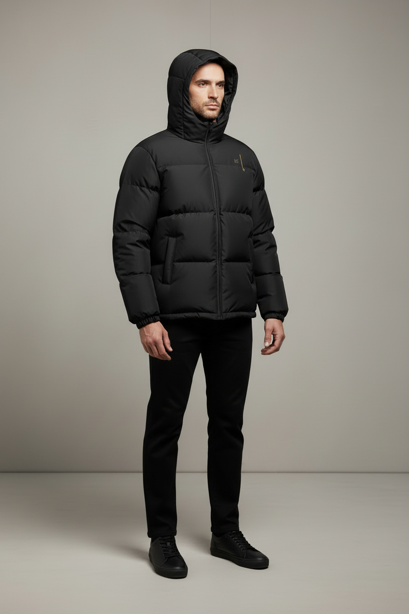Mannequin homme portant la doudoune noire Prestige Premium, vue trois-quarts
