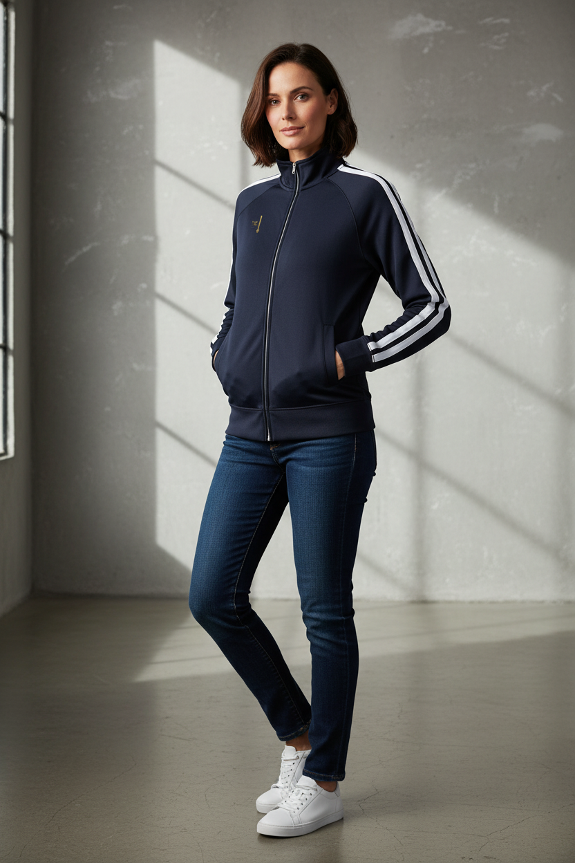 Veste de survêtement bleu marine PZ Prestige portée par une femme