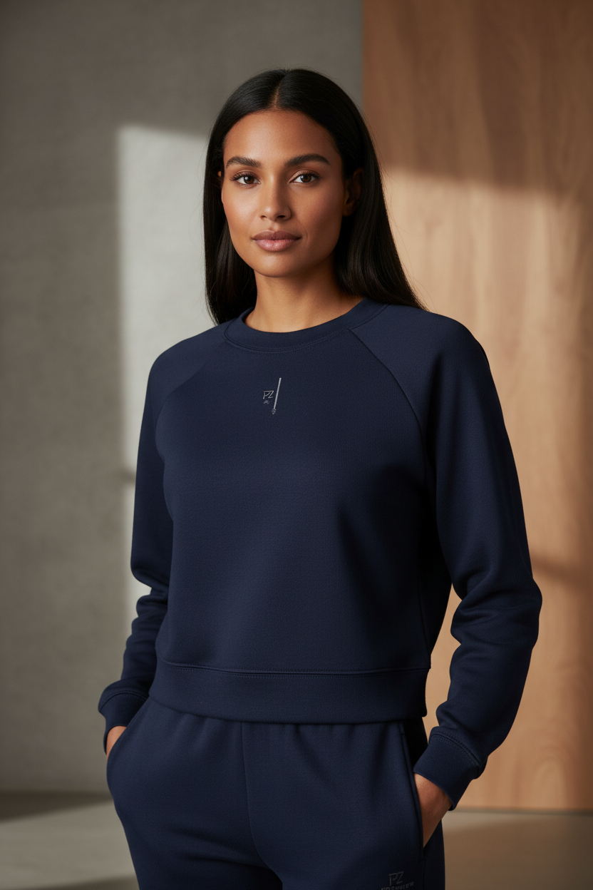 Sweatshirt femme raglan marine PZ Prestige porté par une femme