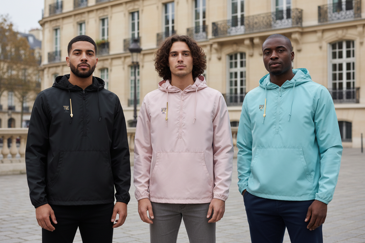 Trois mannequins homme portant les vestes PZ Prestige noire, rose poudré et aqua dans un décor urbain