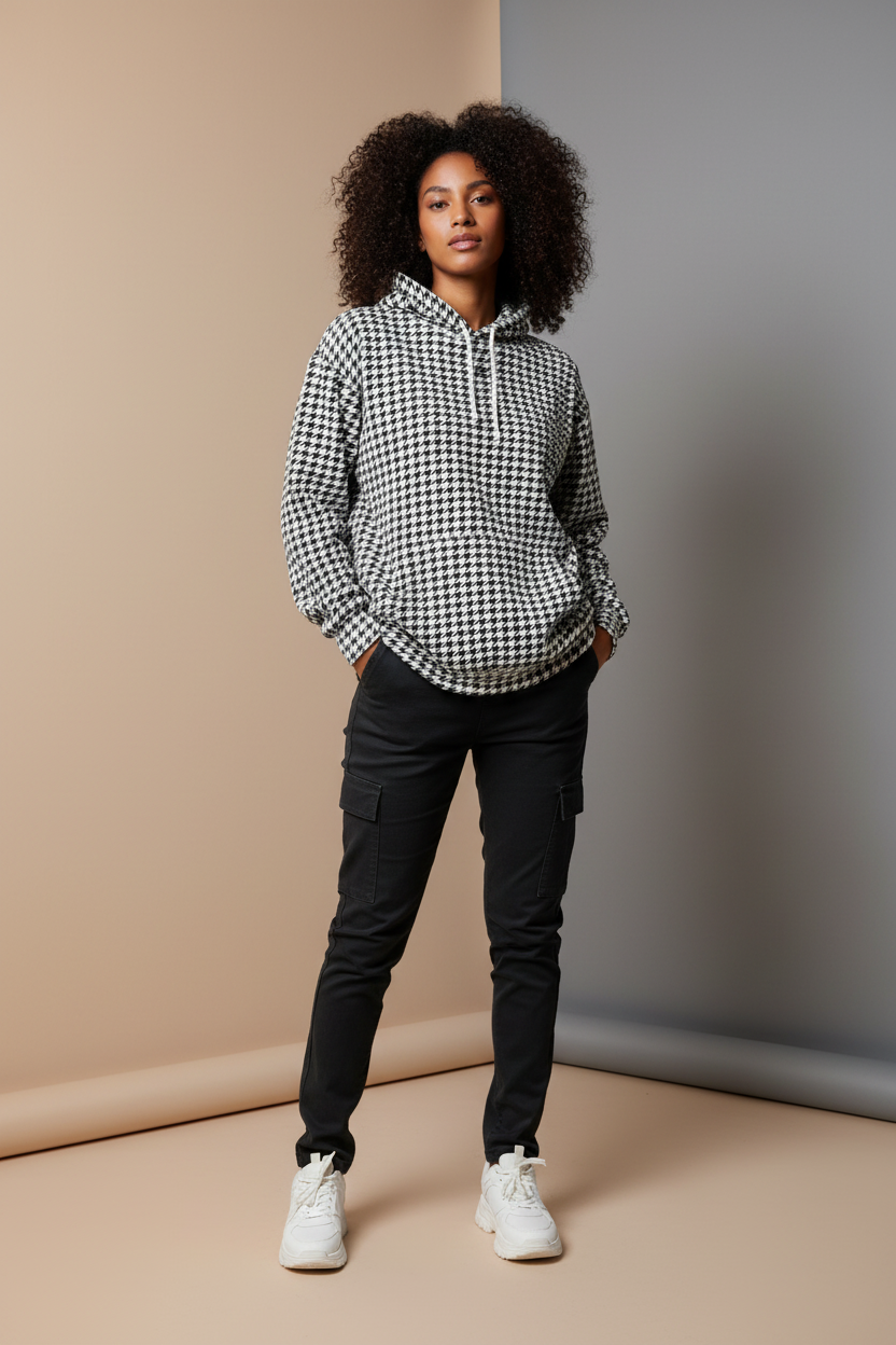 Mannequin femme portant le sweat pied-de-poule PZ Prestige