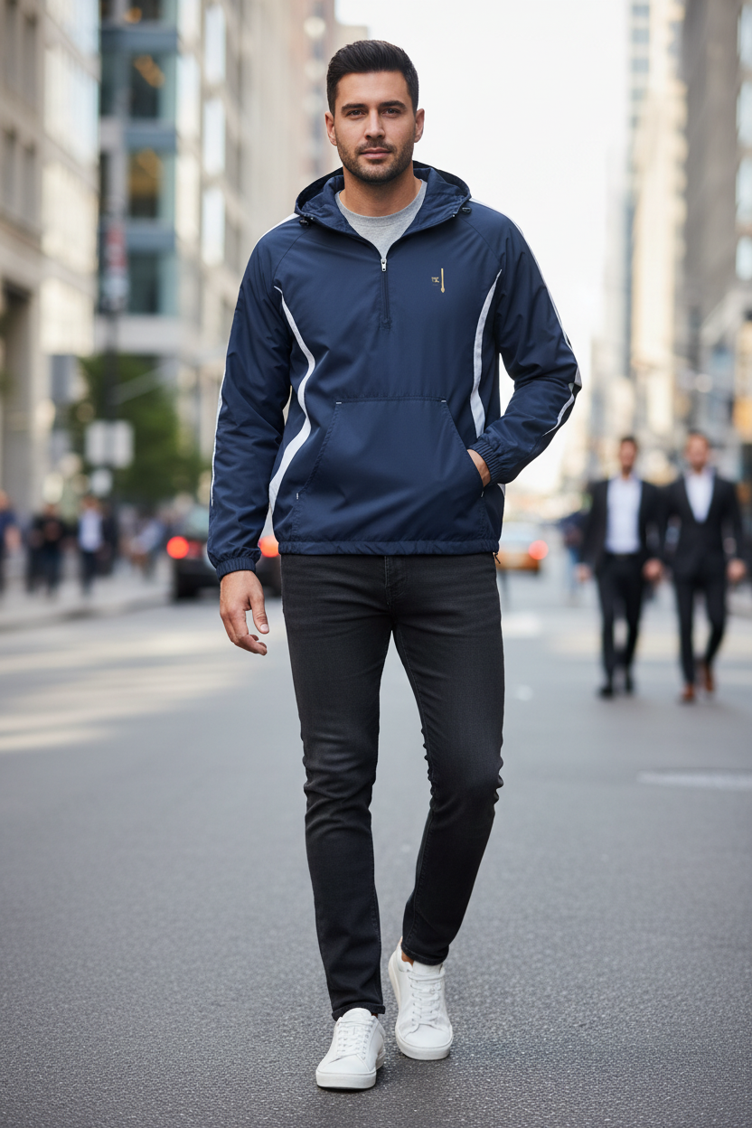 Mannequin homme bleu marine et blanc, vue de face