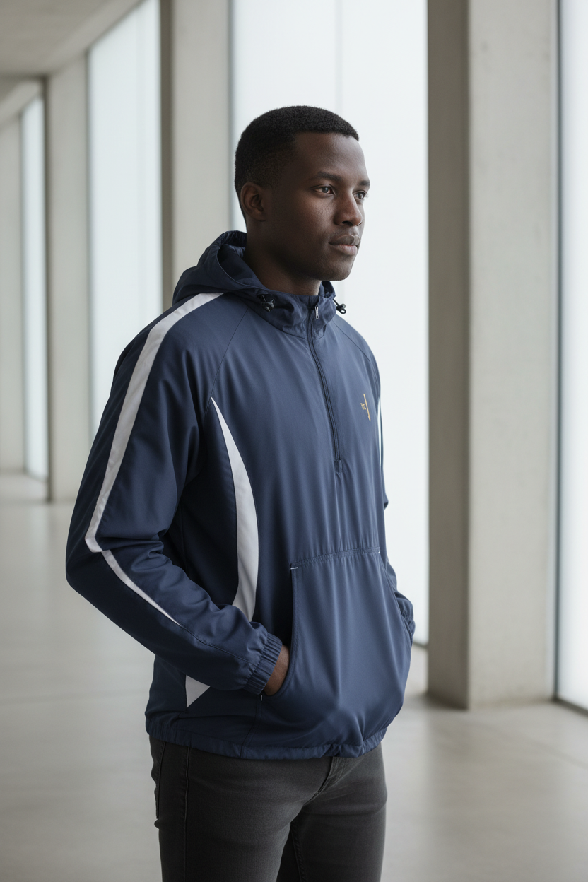 Mannequin homme bleu marine et blanc, vue de profil