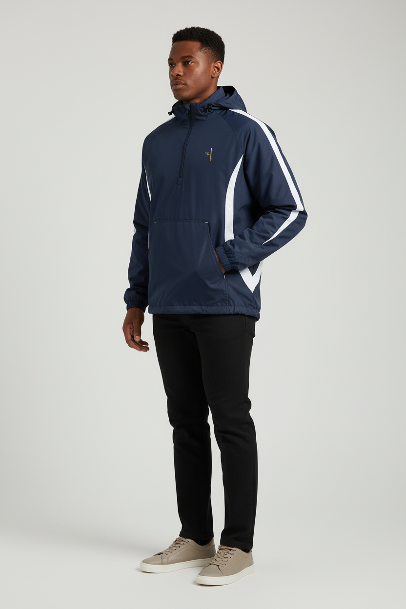 Mannequin homme bleu marine et blanc, vue trois-quarts