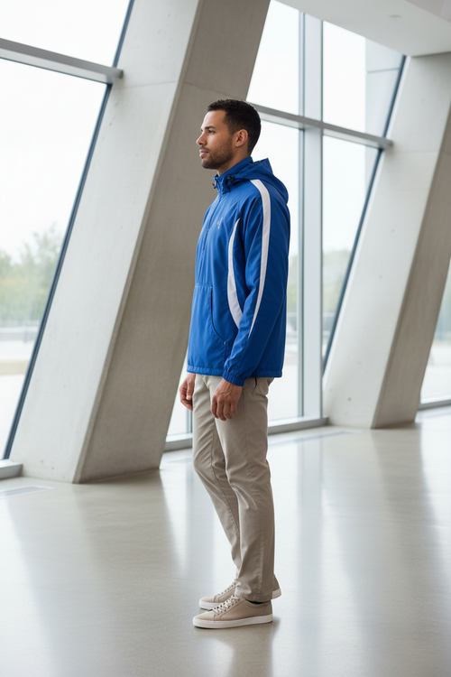 Mannequin homme bleu royal et blanc, vue de profil