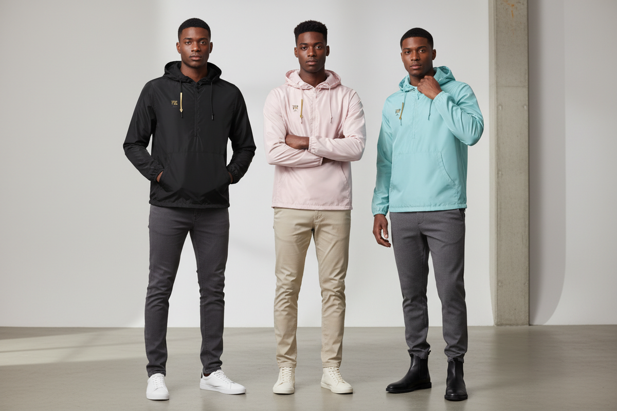 Trois mannequins homme portant la veste PZ Prestige en noir, rose poudré et aqua